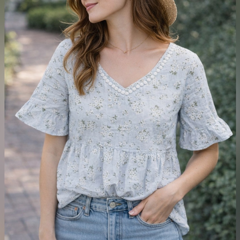 Floral Ruffle Sleeve Linen Top